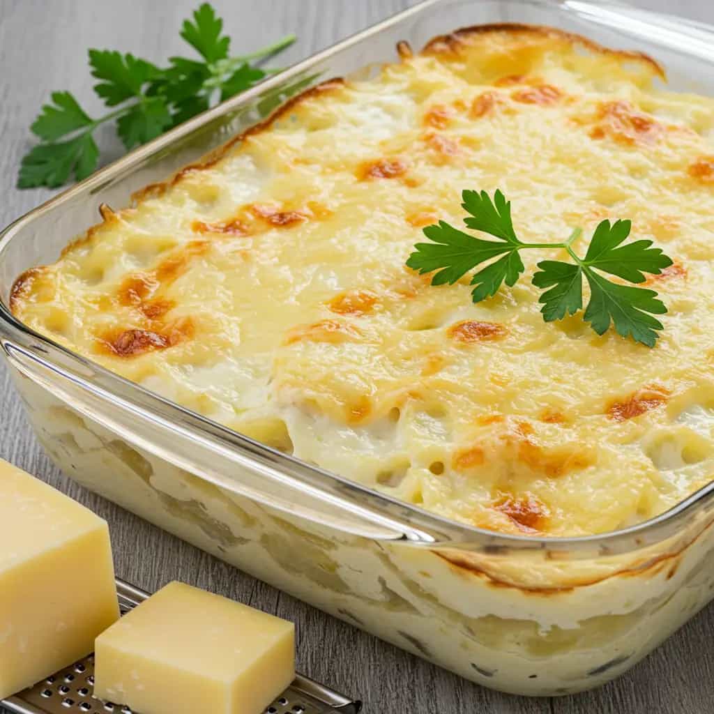 Bacalhau Gratinado com Batatas e Molho Branco