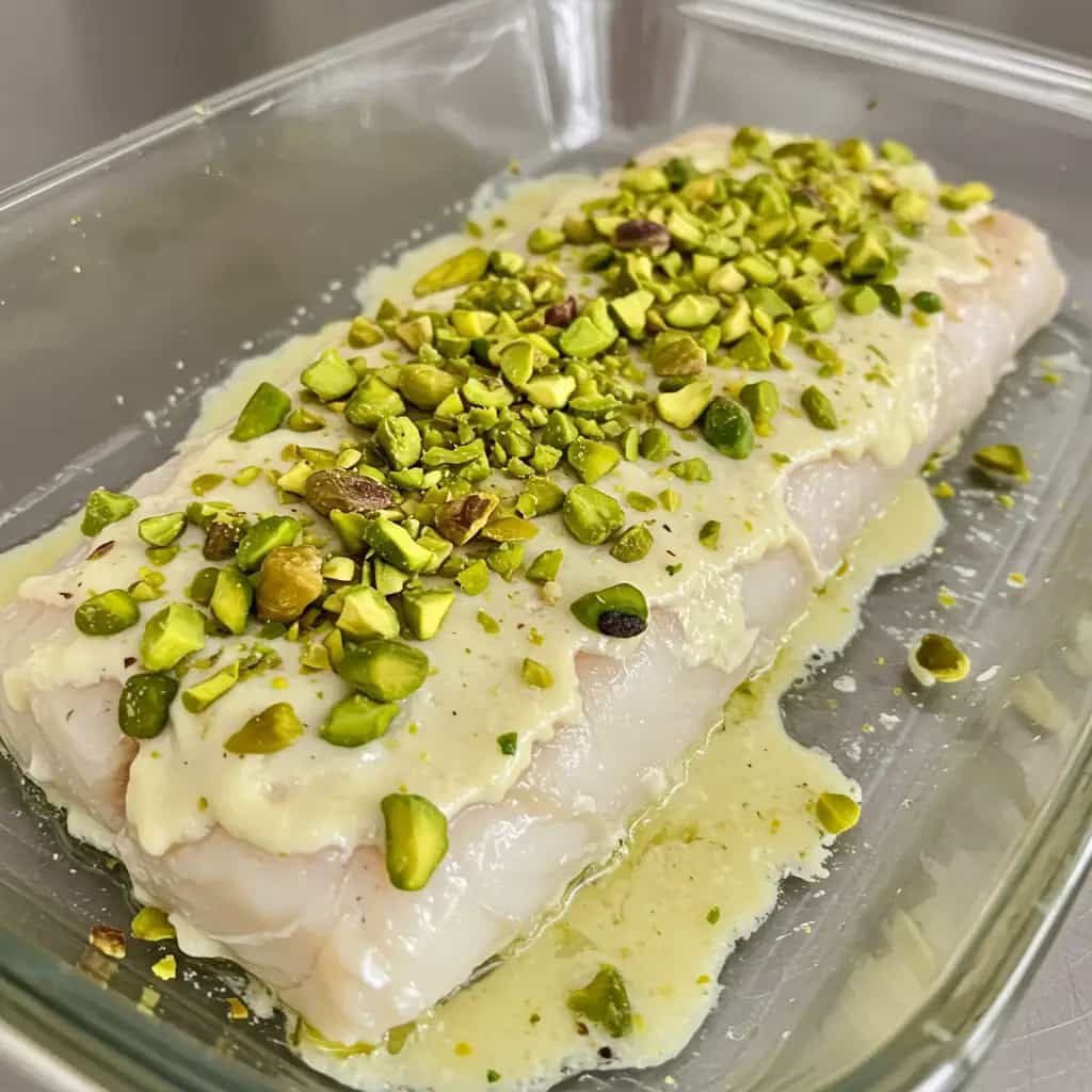 Badejo ao Pistache com Creme de Soja