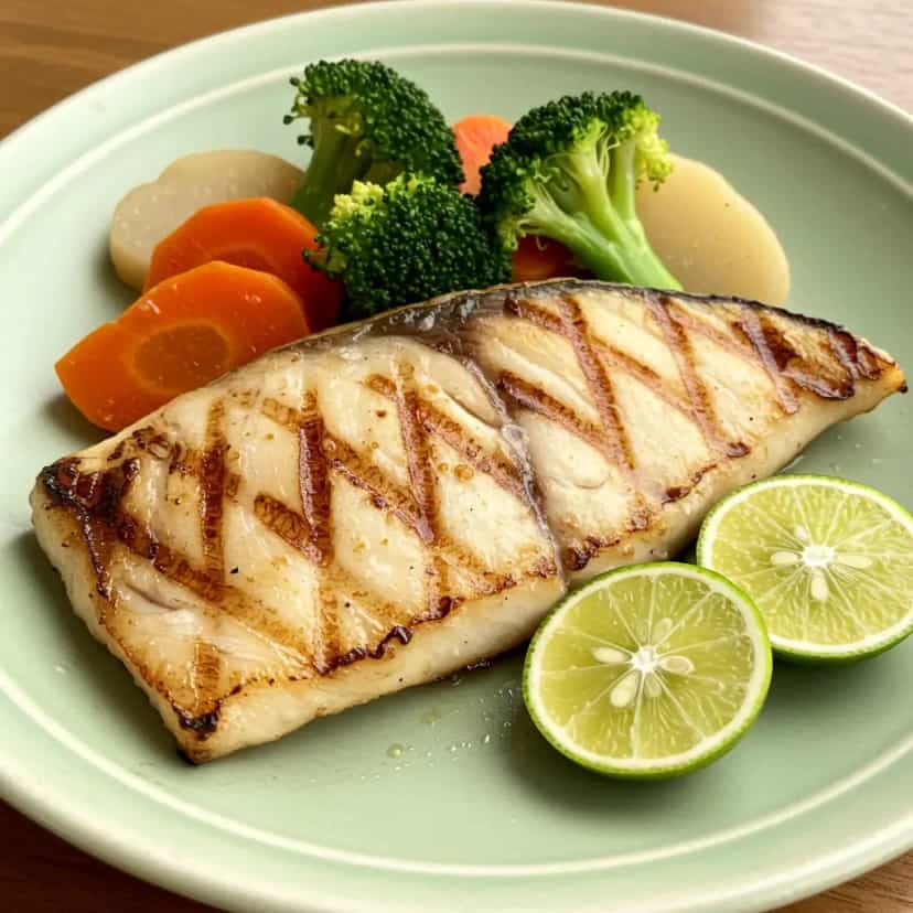 Foto deliciosa de Badejo grelhado na brasa com alho assado pronta para servir - Peixes & Frutos do Mar