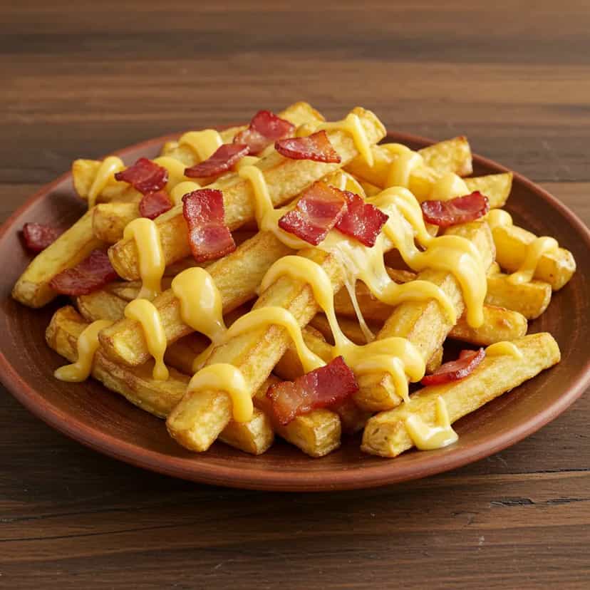 Foto deliciosa de Batata Crocante com Bacon e Queijo na Air Fryer pronta para servir - Salgadinhos
