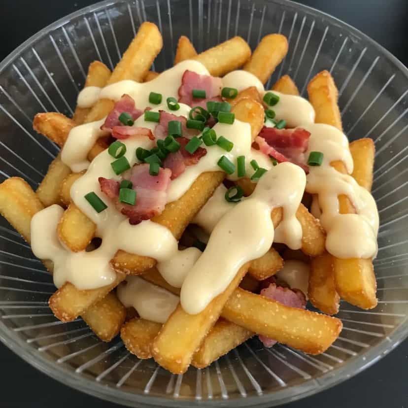Foto deliciosa de Batata Frita com Queijo Cremoso, Calabresa e Bacon pronta para servir - Salgadinhos