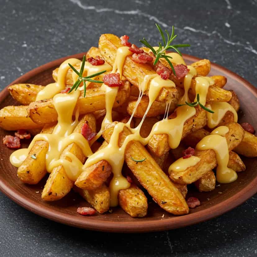 Foto deliciosa de Batata Frita Crocante com Queijo e Bacon pronta para servir - Salgadinhos
