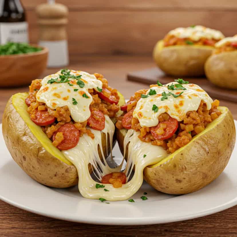 Foto deliciosa de Batata recheada com calabresa pronta para servir - Salgadinhos