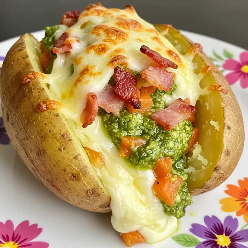 Foto deliciosa de Batata Recheada com Queijo, Bacon e Pesto pronta para servir - Almoço & Jantar