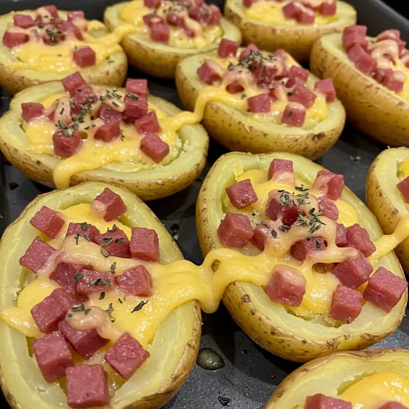 Foto deliciosa de Batatas Assadas com Calabresa e Mussarela pronta para servir - Almoço & Jantar