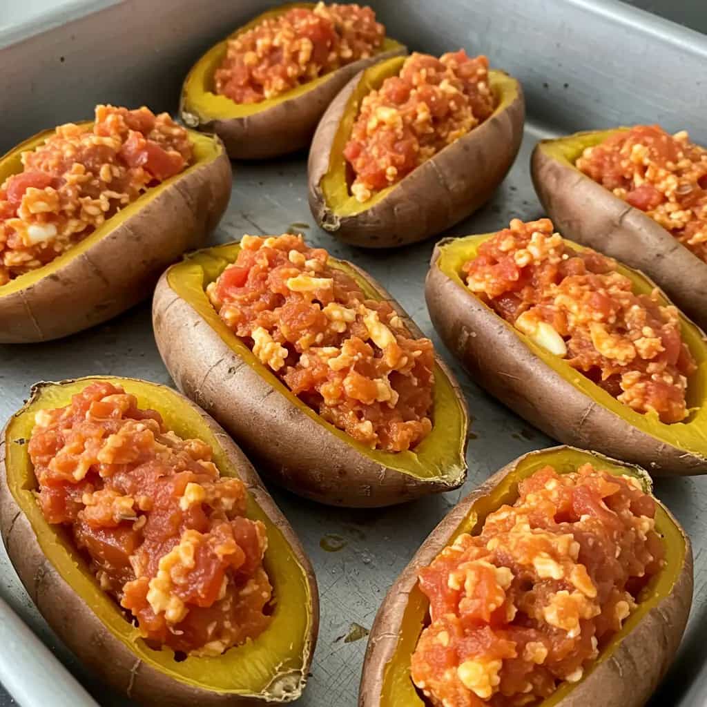 Batatas Doces Recheadas ao Forno com Bacon e Queijo