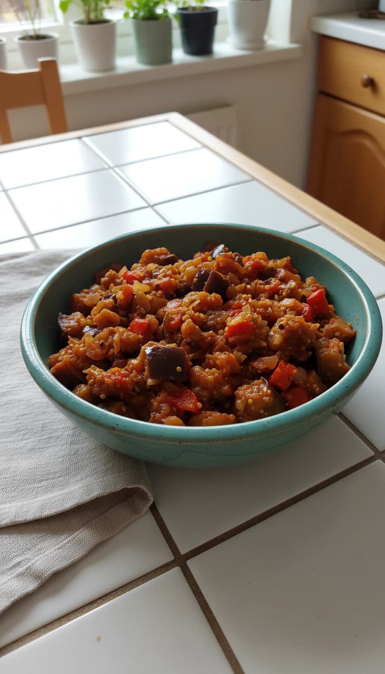 Berinjela Assada com Pimentões e Acompanhamentos