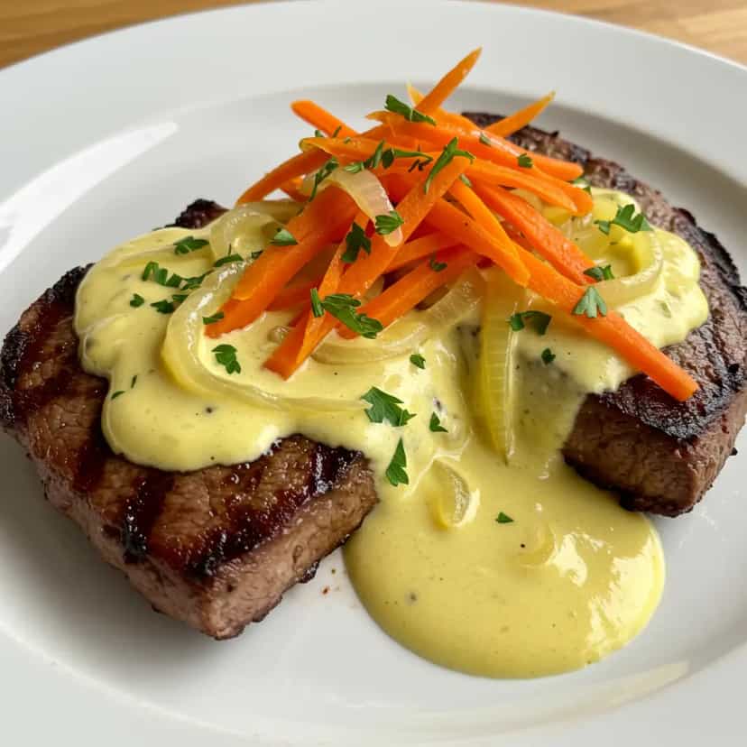 Foto deliciosa de Bife à Parmegiana com Molho Espanhol pronta para servir - Carnes & Frango