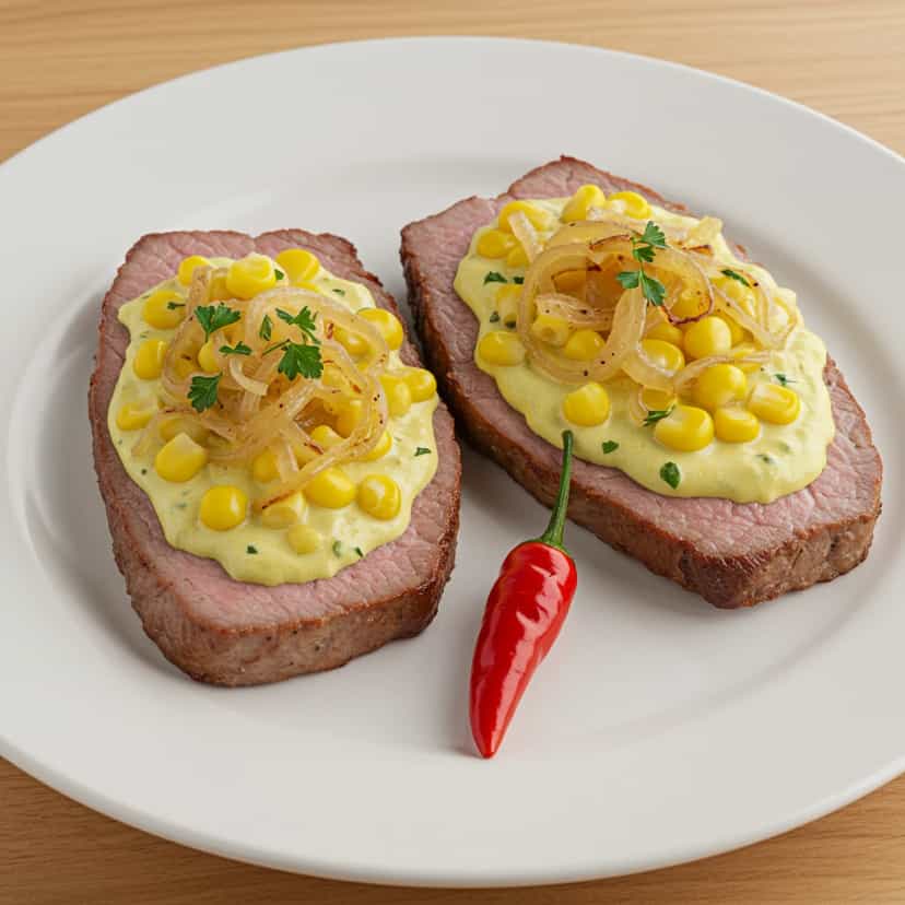 Foto deliciosa de Bife Acebolado com Molho Cremoso de Milho pronta para servir - Outras Receitas
