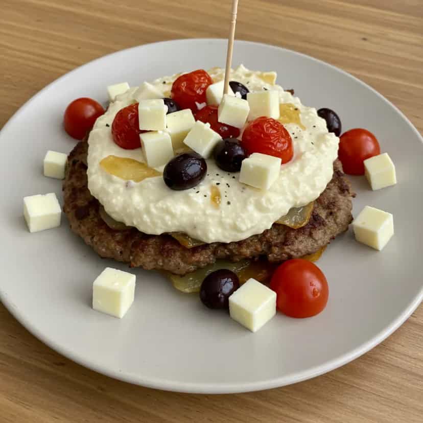 Foto deliciosa de Bife Acebolado com Molho de Maionese e Queijo Feta pronta para servir - Carnes & Frango
