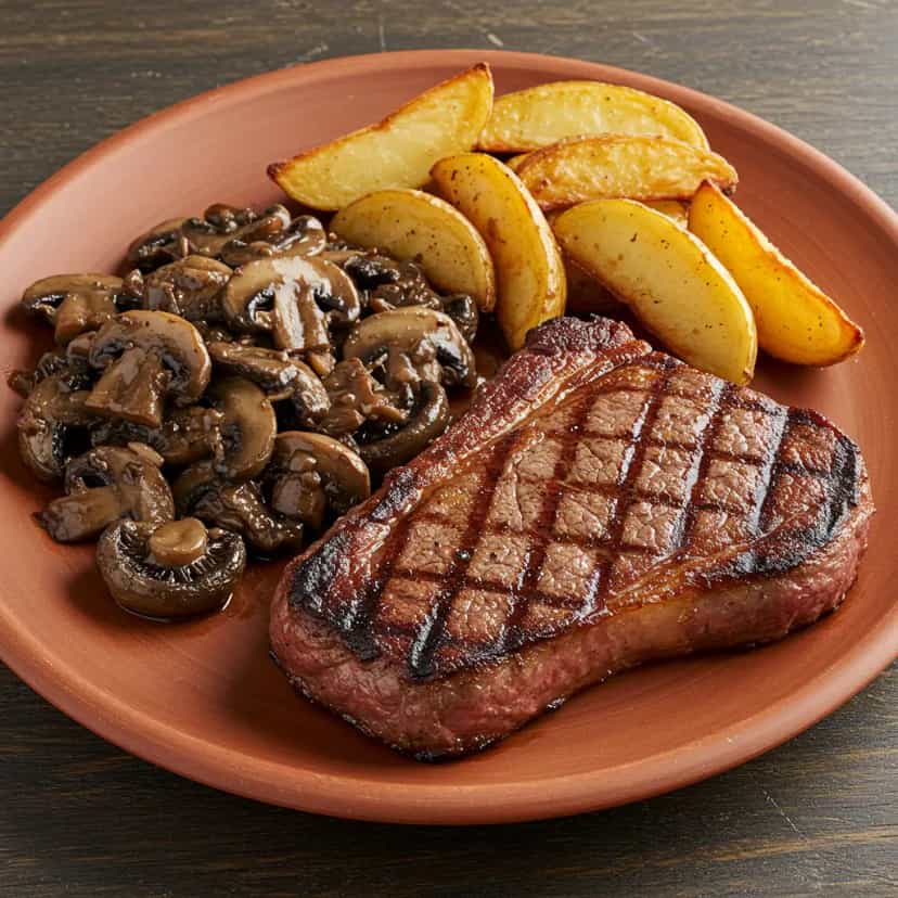 Foto deliciosa de Bife com Cogumelos e Batatas ao Molho de Shoyu pronta para servir - Carnes & Frango