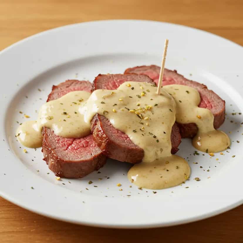 Foto deliciosa de Bife de Avestruz ao Molho de Cebola e Vinho Tinto pronta para servir - Carnes & Frango