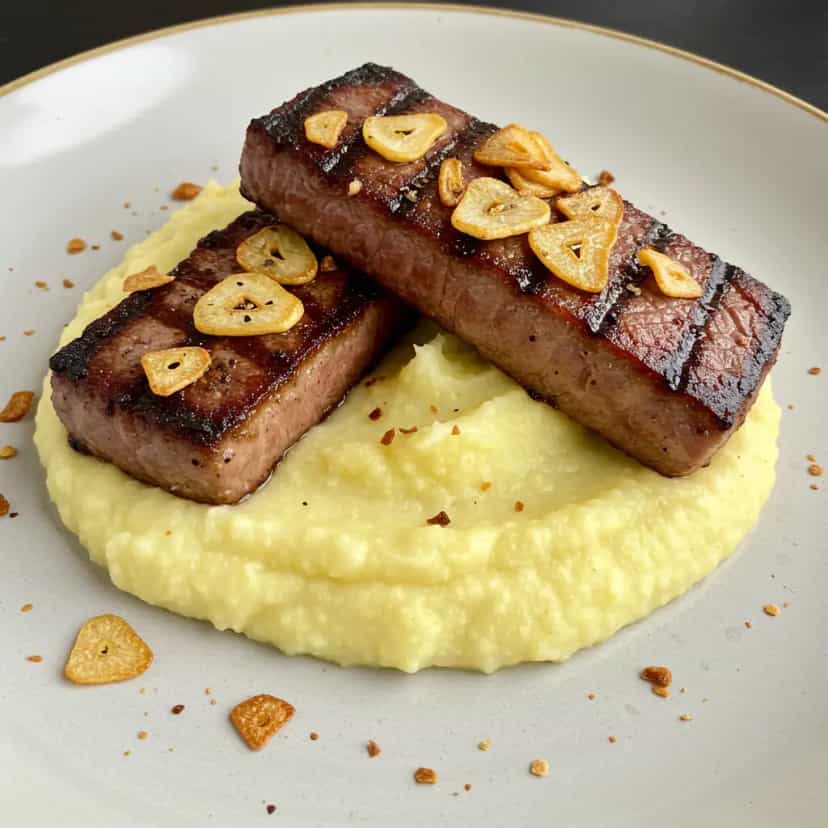 Foto deliciosa de Bife de Pernil Grelhado ao Alho com Purê de Mandioca pronta para servir - Carnes & Frango