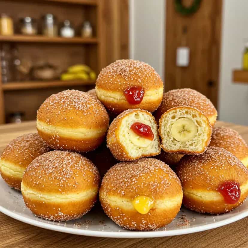 Foto deliciosa de Bolinho de chuva recheado com goiabada ou banana pronta para servir - Lanches de Padaria