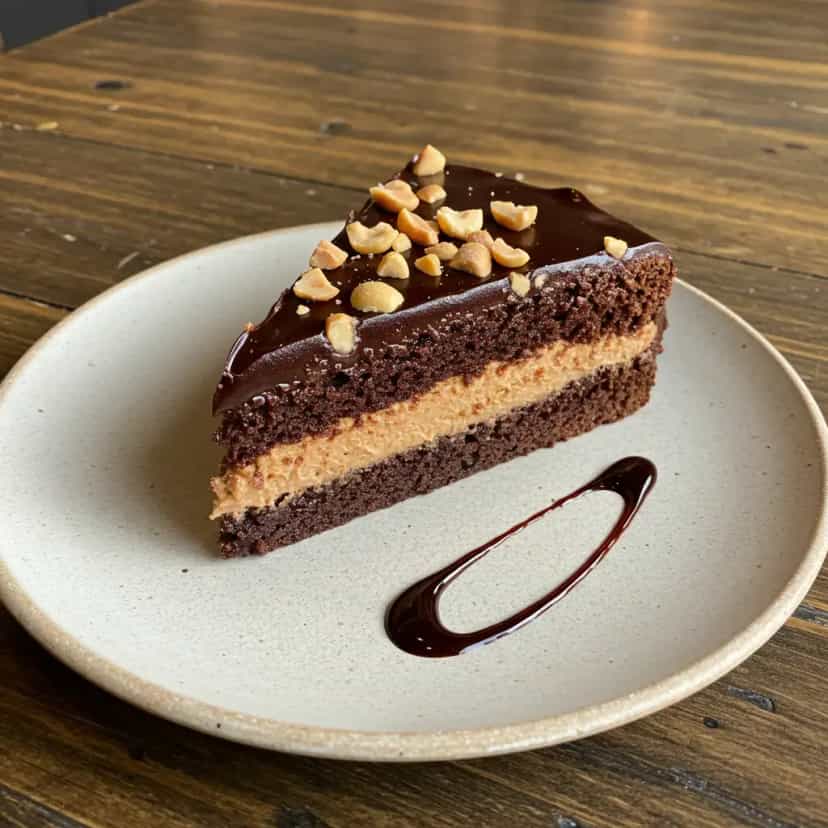 Foto deliciosa de Bolo de Amendoim com Paçoca e Cobertura de Chocolate pronta para servir - Bolos & Cupcakes