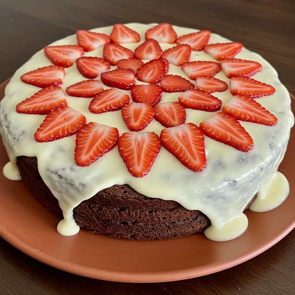 Bolo de Chocolate com Cobertura de Chocolate Branco e Morangos
