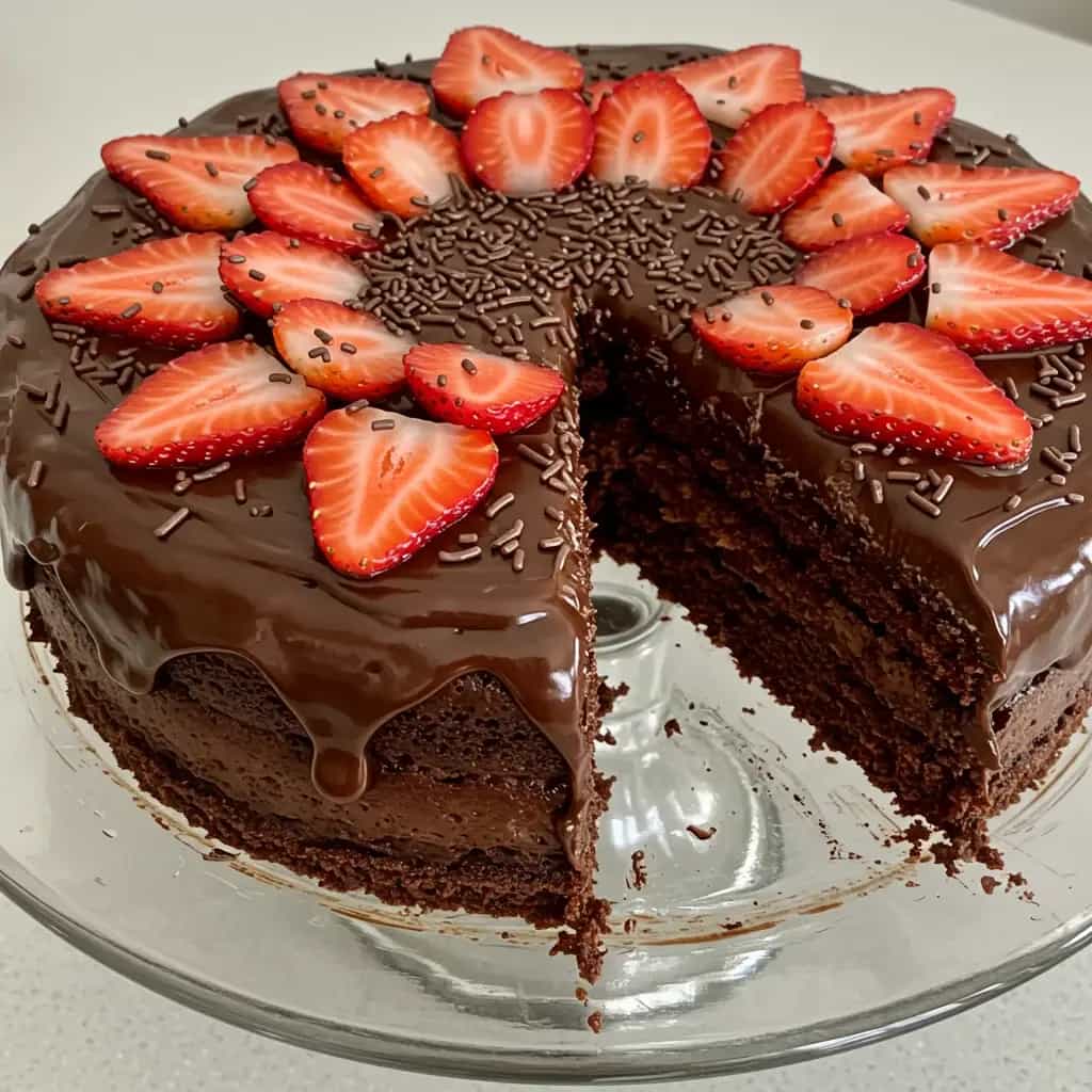 Bolo de Chocolate com Morangos e Brigadeiro de Coco