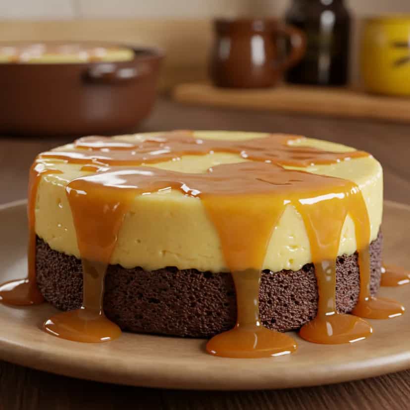 Foto deliciosa de Bolo de chocolate com pudim de leite condensado pronta para servir - Bolos & Cupcakes