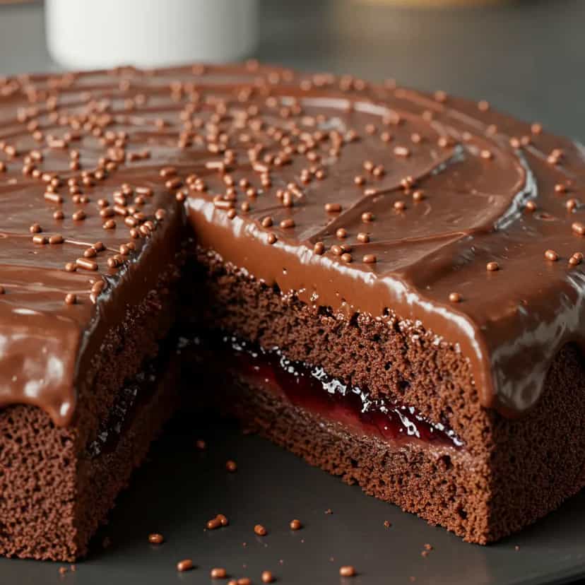 Foto deliciosa de Bolo de Chocolate Molhadinho e Aerado com Recheio de Morango pronta para servir - Bolos & Cupcakes