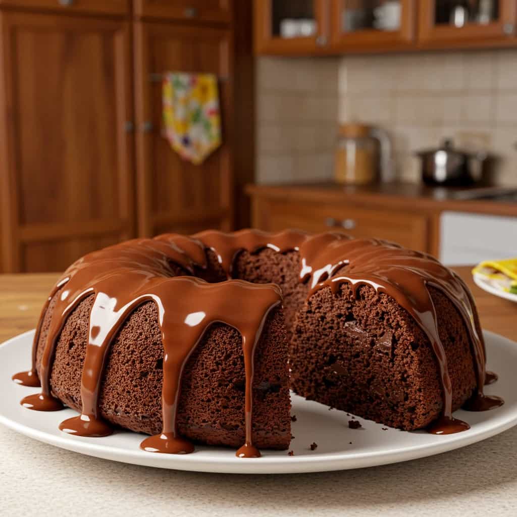 Bolo de chocolate molhadinho e fofinho com calda de chocolate