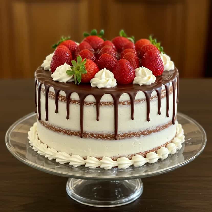 Foto deliciosa de Bolo de Morango com Calda Cremosa pronta para servir - Bolos & Cupcakes