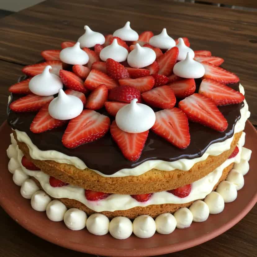 Foto deliciosa de Bolo de Morango com Recheio de Nata e Cobertura de Chocolate pronta para servir - Bolos & Cupcakes
