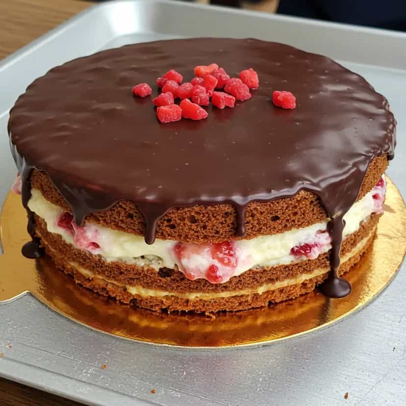 Foto deliciosa de Bolo Fácil de Chocolate com Recheio de Morango e Cobertura de Ganache pronta para servir - Bolos & Cupcakes