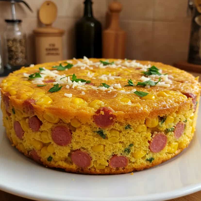 Foto deliciosa de Bolo salgado de salsicha e milho verde pronta para servir - Outras Receitas