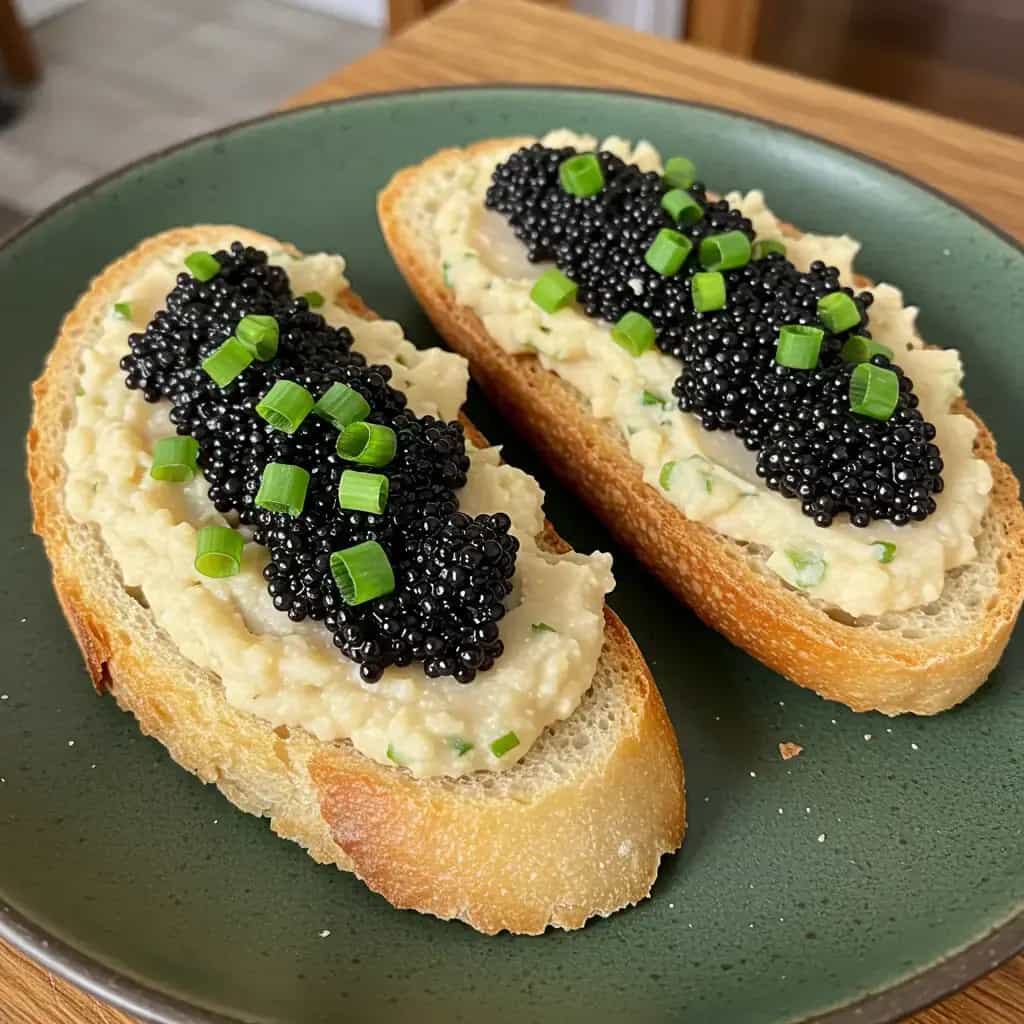 Bruschetta Caprese com Feijão Branco e Caviar