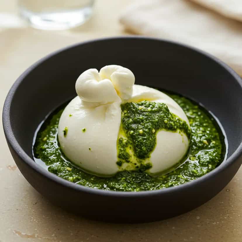 Foto deliciosa de Burrata com Pesto de Manjericão e Nozes pronta para servir - Outras Receitas