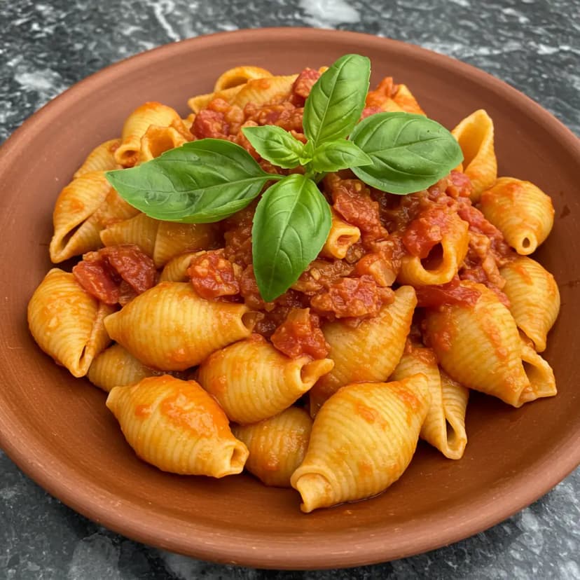 Búzios com Molho de Tomate, Calabresa e Manjericão