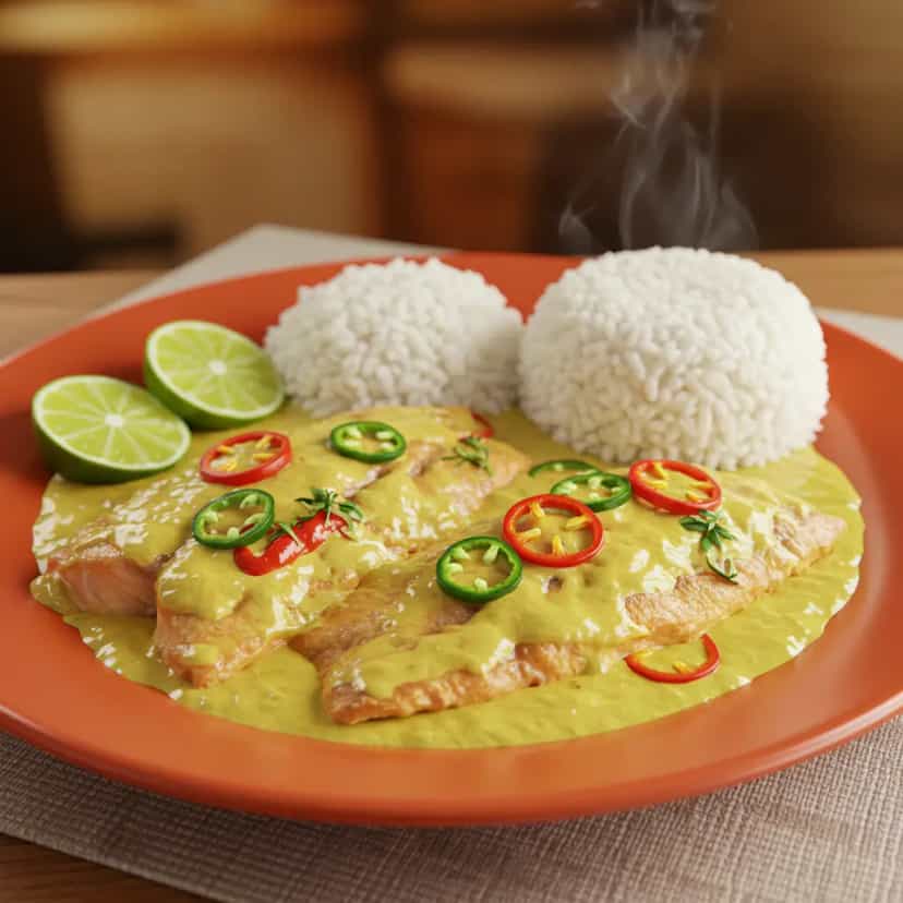 Foto deliciosa de Cação ao Leite de Coco Picante pronta para servir - Peixes & Frutos do Mar