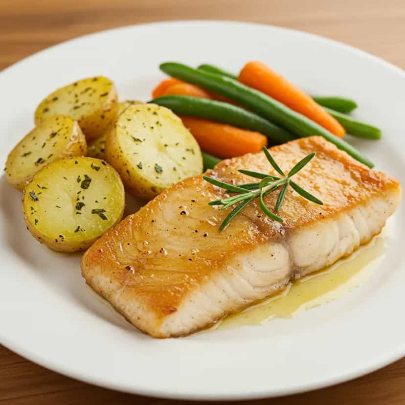 Foto deliciosa de Cação Assada com Batatas e Legumes pronta para servir - Peixes & Frutos do Mar