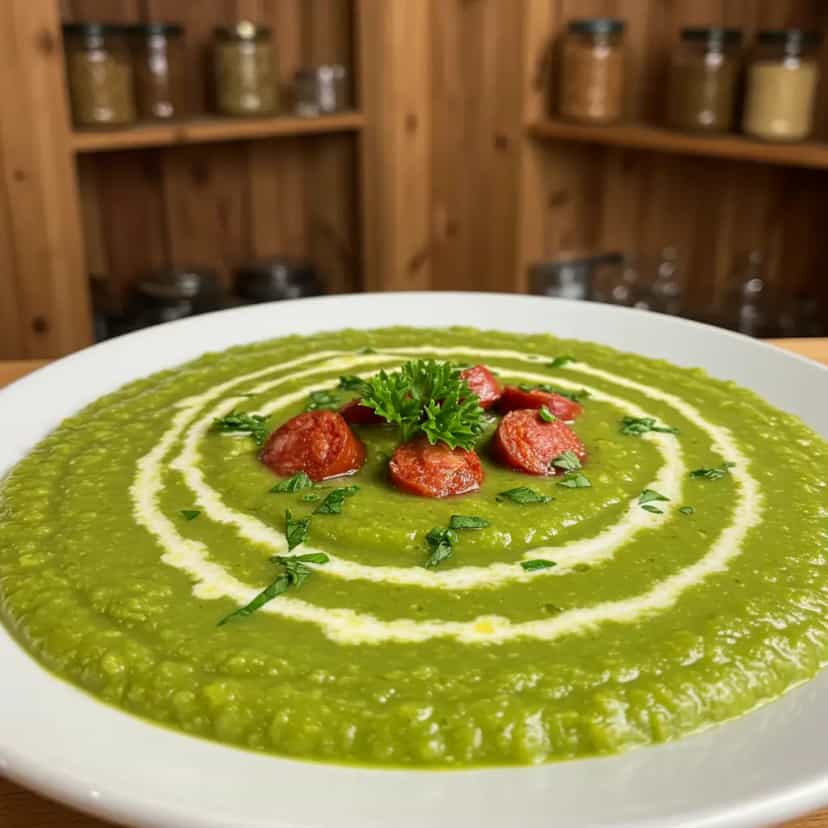 Foto deliciosa de Caldo de ervilha com calabresa pronta para servir - Sopas & Caldos