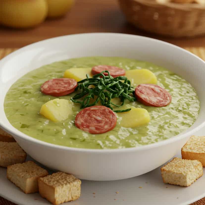 Foto deliciosa de Caldo Verde Tradicional com Linguiça pronta para servir - Sopas & Caldos