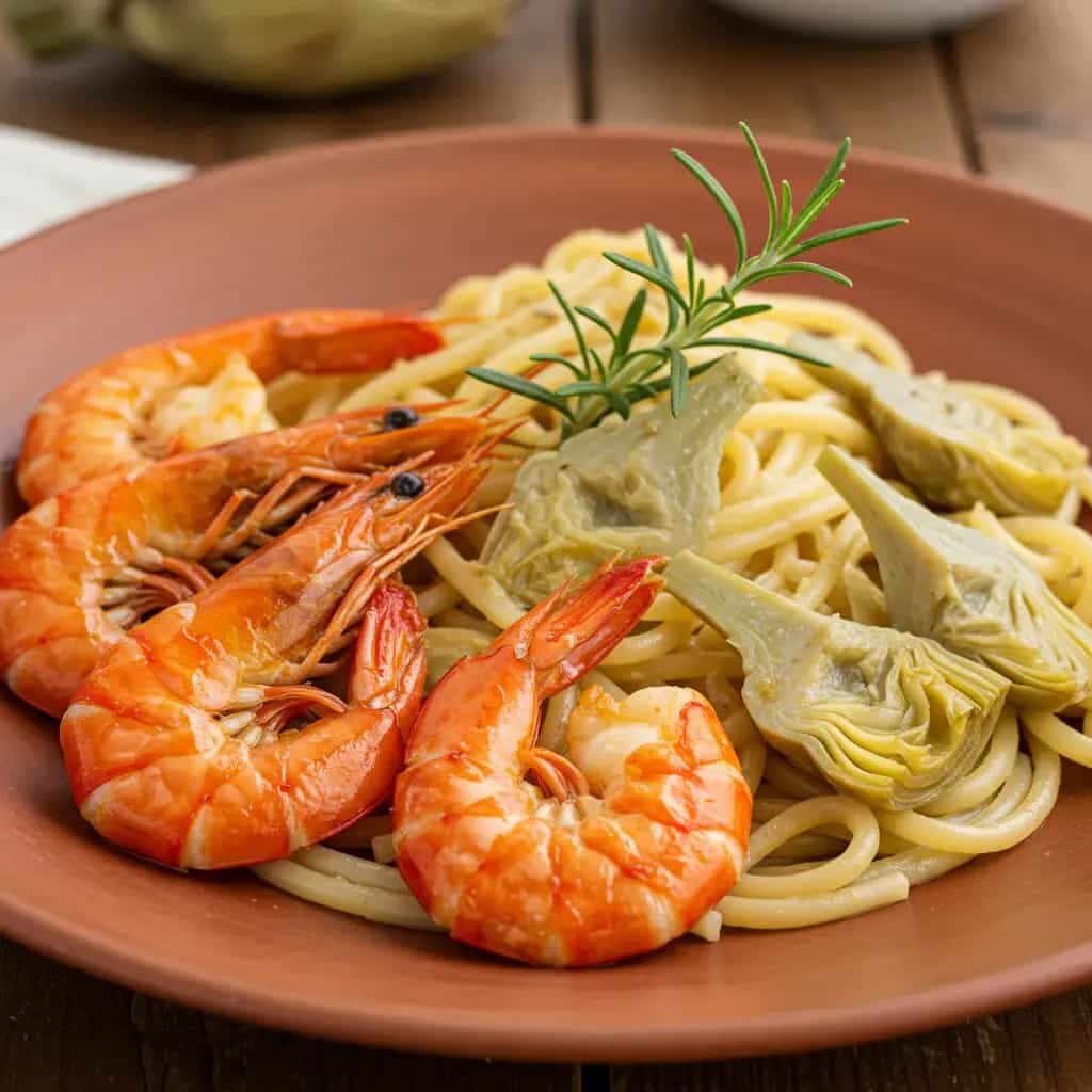 Camarões Flambados com Bisque e Alcachofra