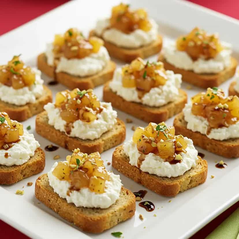 Foto deliciosa de Canapés de Pão com Ricota e Abacaxi para as Festas pronta para servir - Salgadinhos