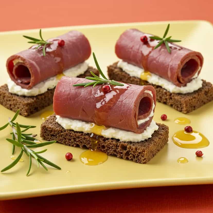 Foto deliciosa de Canapés de Pastrami com Cream Cheese e Geleia de Pimenta pronta para servir - Salgadinhos