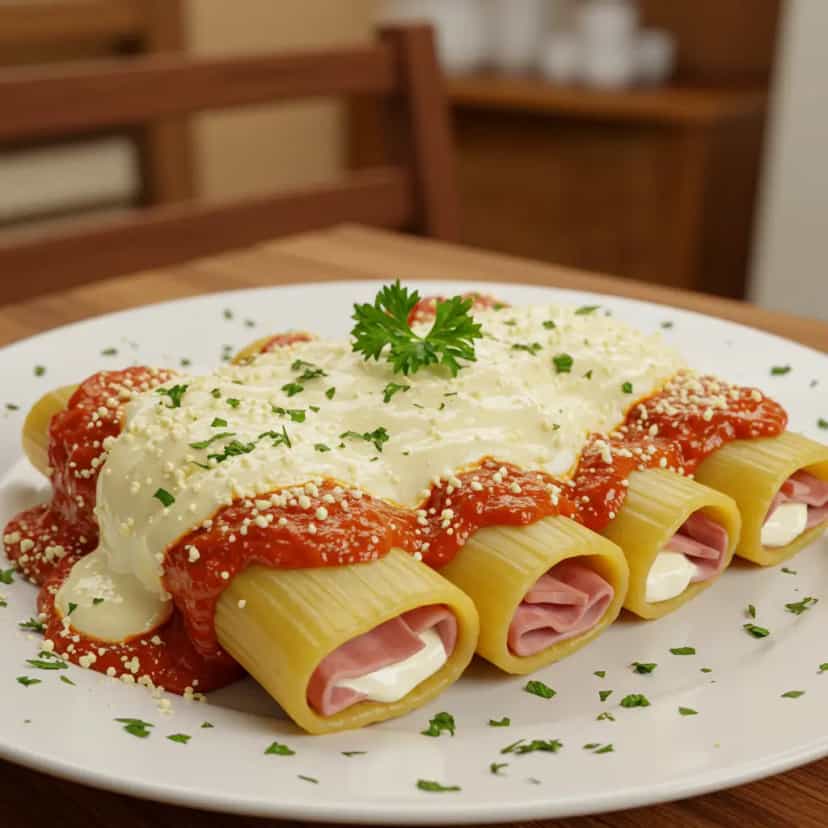 Foto deliciosa de Canelone de presunto e queijo a dois molhos pronta para servir - Massas & Macarrão