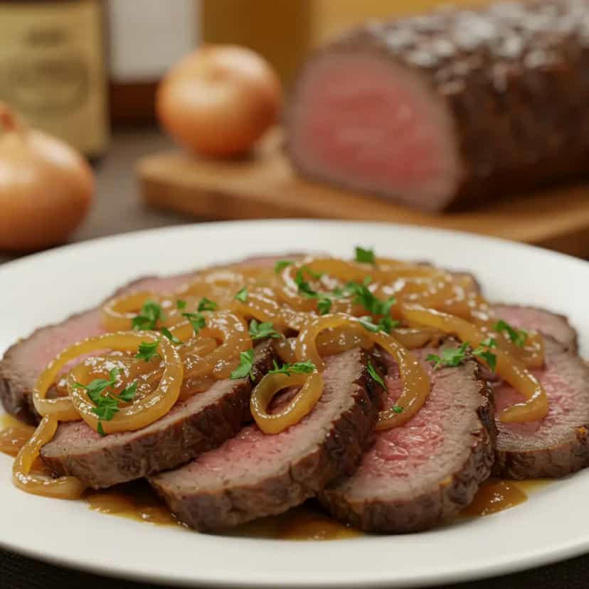 Foto deliciosa de Carne assada ao molho de cebolas pronta para servir - Carnes & Frango
