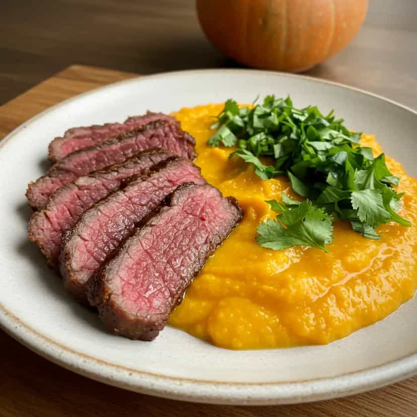 Foto deliciosa de Carne de Sol com Creme de Abóbora pronta para servir - Carnes & Frango