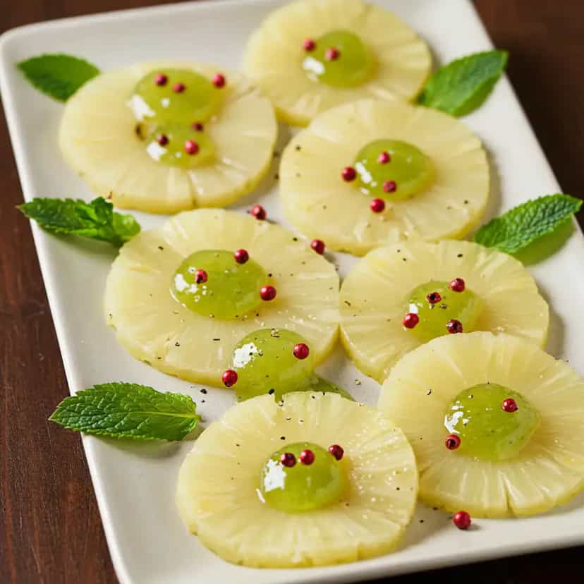 Foto deliciosa de Carpaccio de Abacaxi com Geleia de Hortelã e Pimenta Rosa pronta para servir - Outras Receitas
