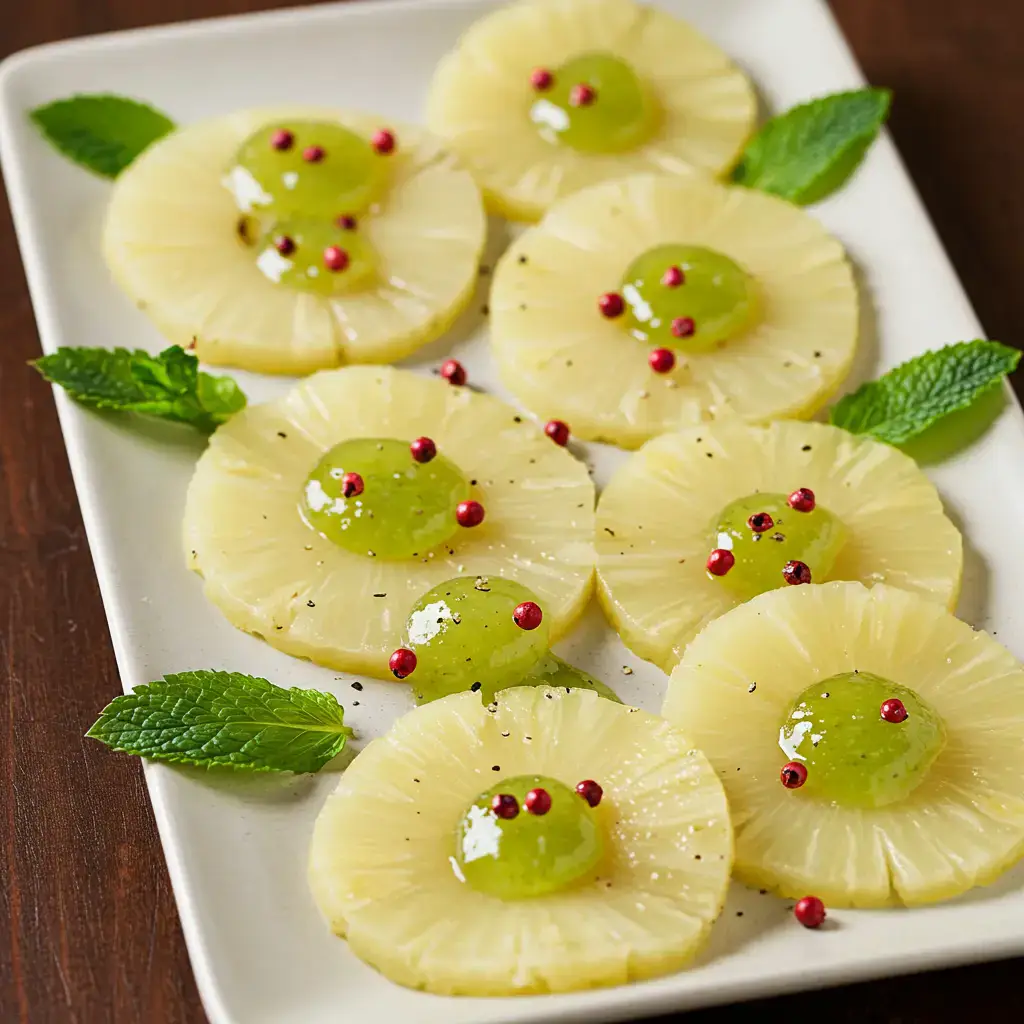 Carpaccio de Abacaxi com Geleia de Hortelã e Pimenta Rosa