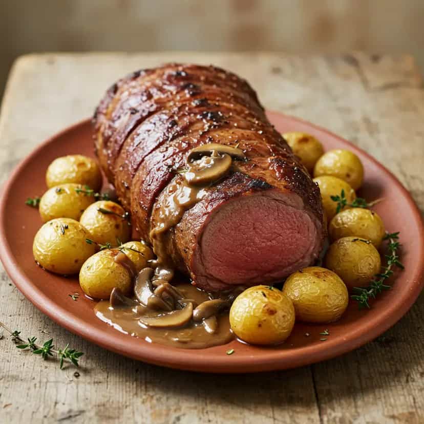 Foto deliciosa de Carré de Cordeiro ao Molho de Funghi Porcini pronta para servir - Carnes & Frango