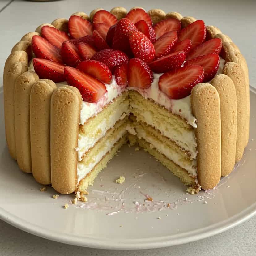 Foto deliciosa de Charlotte de Morango com Biscoito Champagne pronta para servir - Tortas & Tortinhas