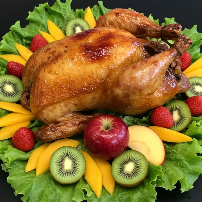 Foto deliciosa de Chester Assado com Calda de Laranja e Farofa Crocante pronta para servir - Carnes & Frango