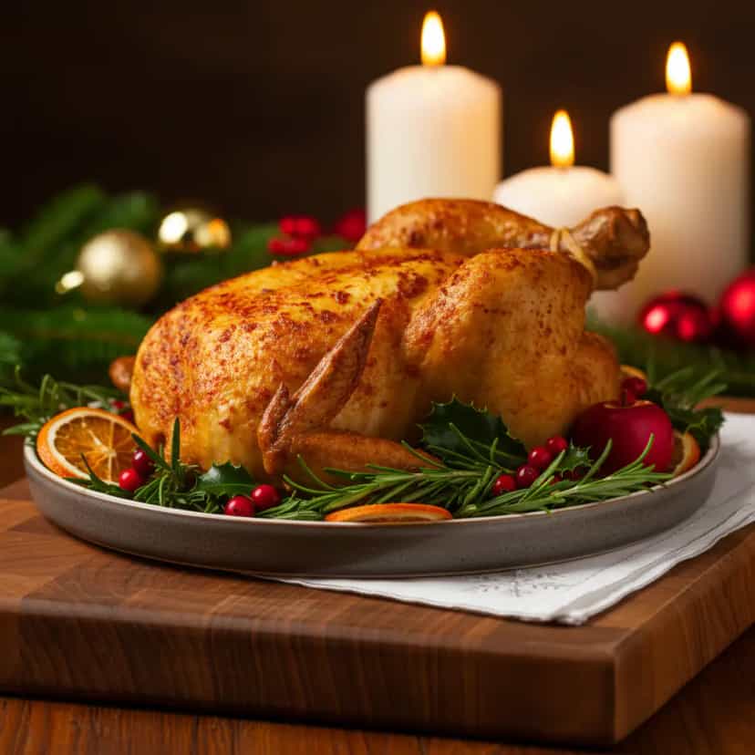 Foto deliciosa de Chester de Natal com Farofa Tropical de Abacaxi e Manga pronta para servir - Carnes & Frango