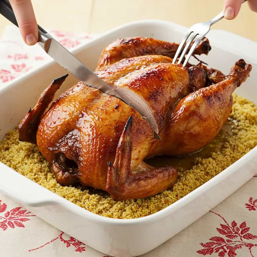 Foto deliciosa de Chester Suculento com Molho de Laranja e Páprica pronta para servir - Carnes & Frango