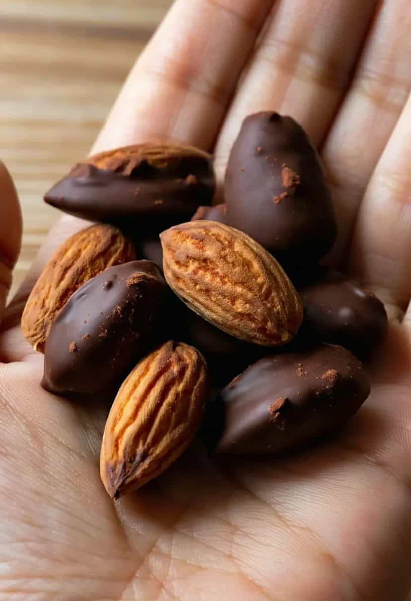 Foto deliciosa de Amêndoas Cobertas com Chocolate pronta para servir - Snacks Naturais