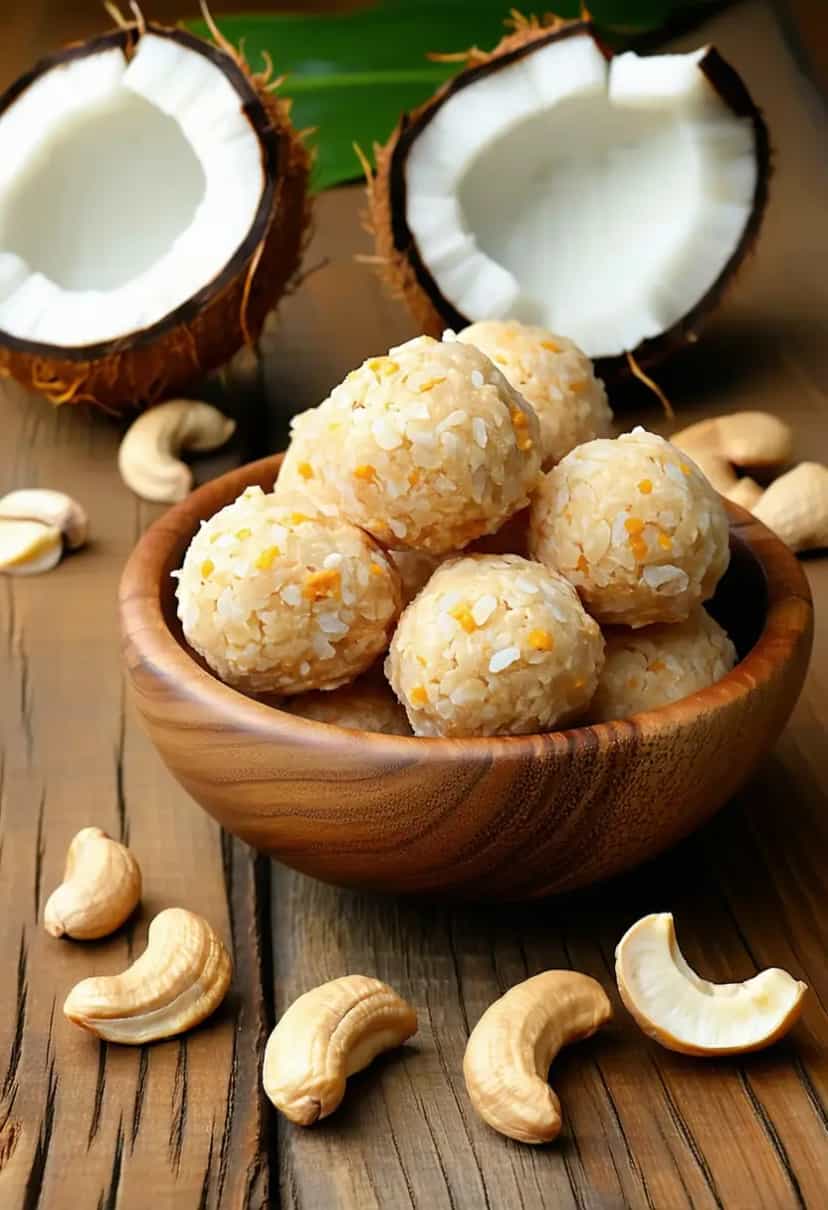 Foto deliciosa de Bocadinhos Crus de Coco e Castanha de Caju pronta para servir - Snacks Naturais